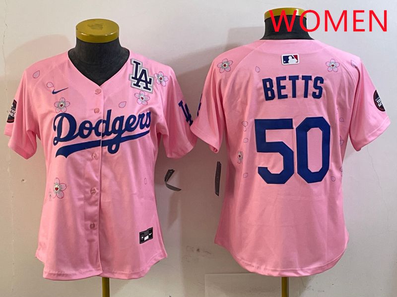 Women Los Angeles Dodgers #50 Betts Pink Sakura Edition 2025 Nike MLB Jersey style 8